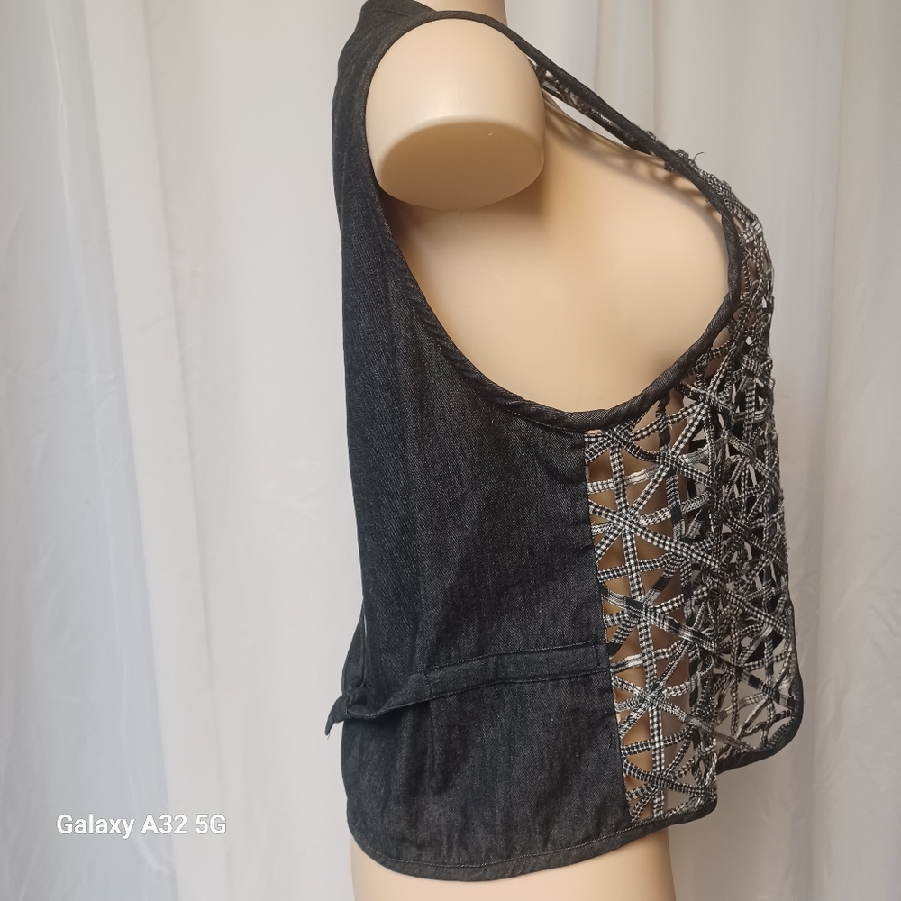 STUDIO COLLECTION Vtg SIZE M Black and White Denim Jean Waistcost Vest - Picture 5 of 11